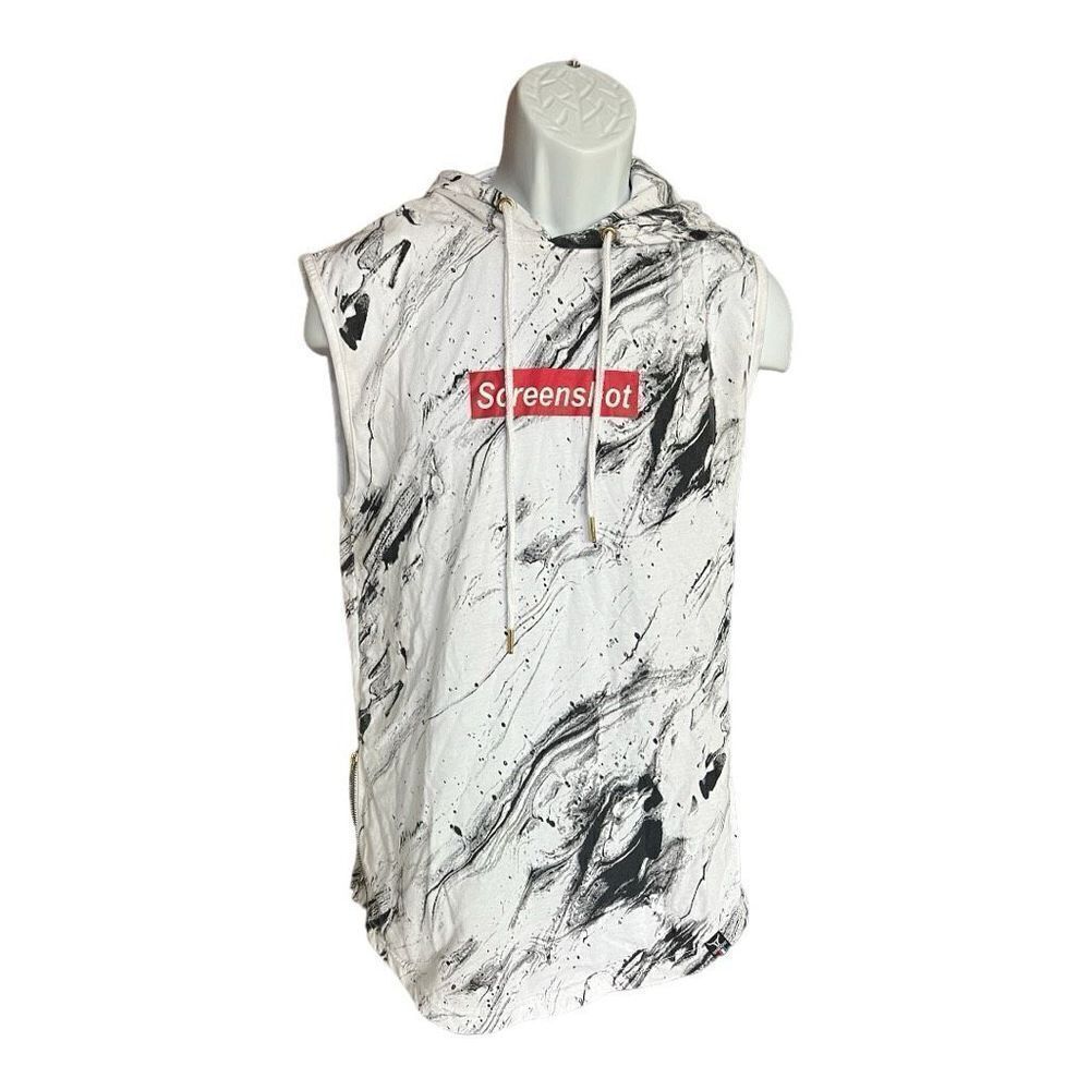 Mens Screenshot Marbled Sleeveless Hooded Cut Off Shirt w Zipper Detailβ - Sz S